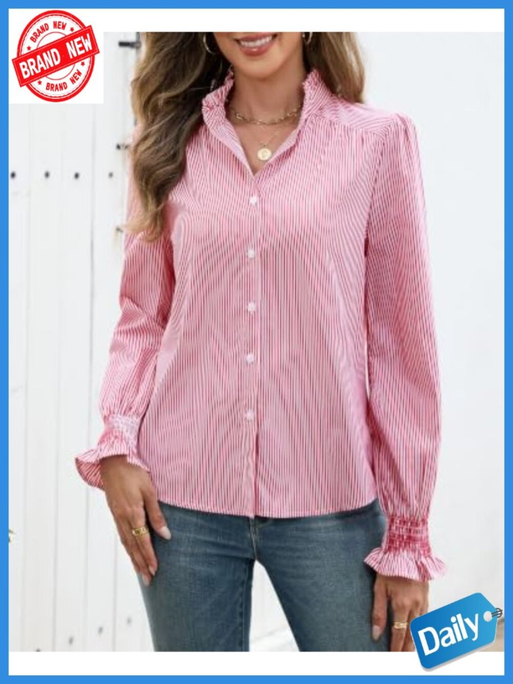 Striped Ruffle Neck Blouse Long Sleeve Button Down Shirt Women - Picture 2 of 6
